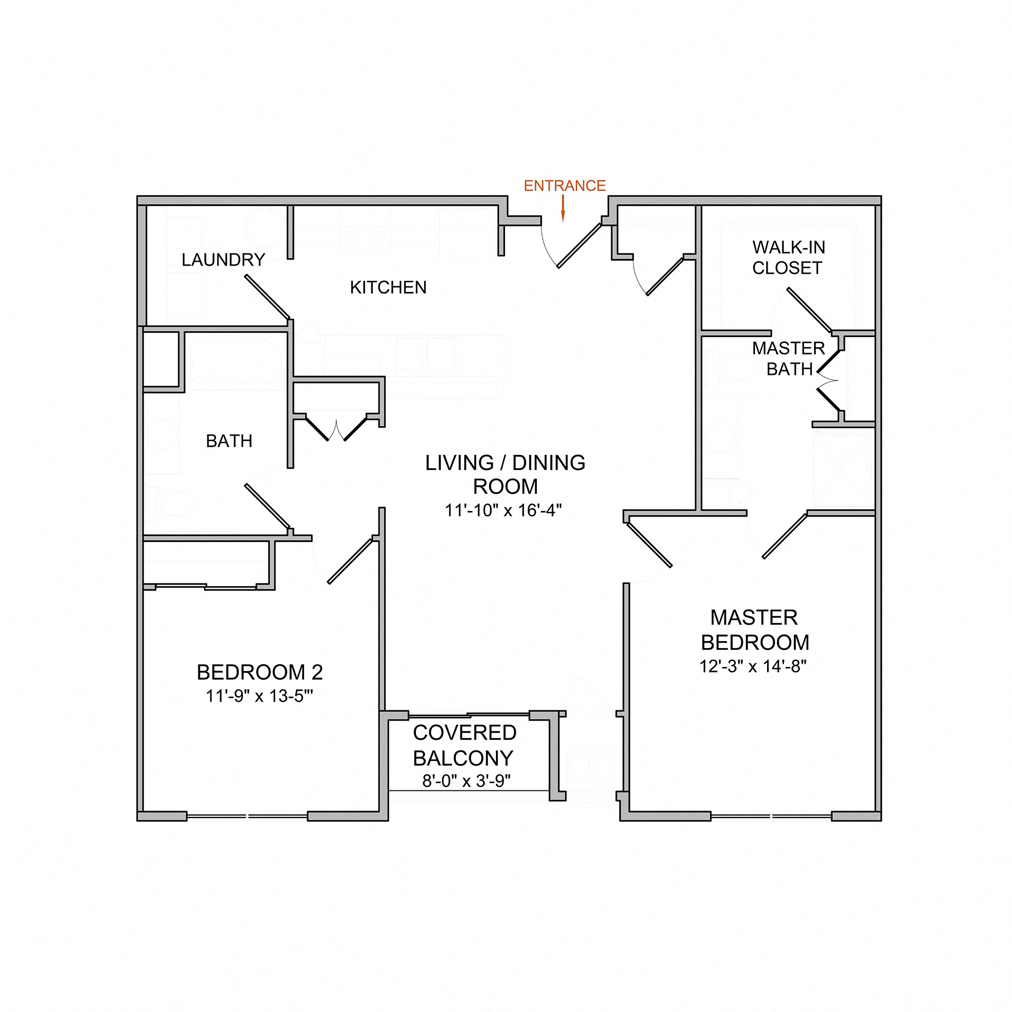 Floor plan for 2 beds, 2 baths, 1098 sqft